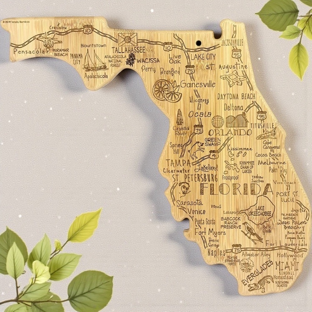Florida State Shaped Serving & Cutting Board with Hang Tie for Wall Display